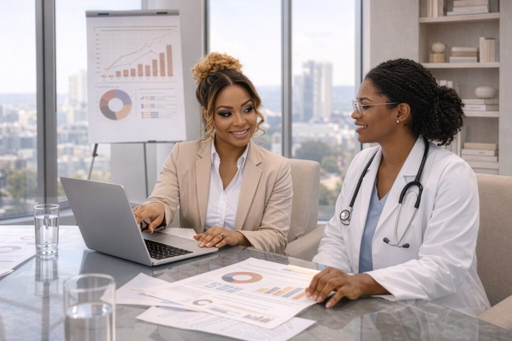 Women discussing healthcare data