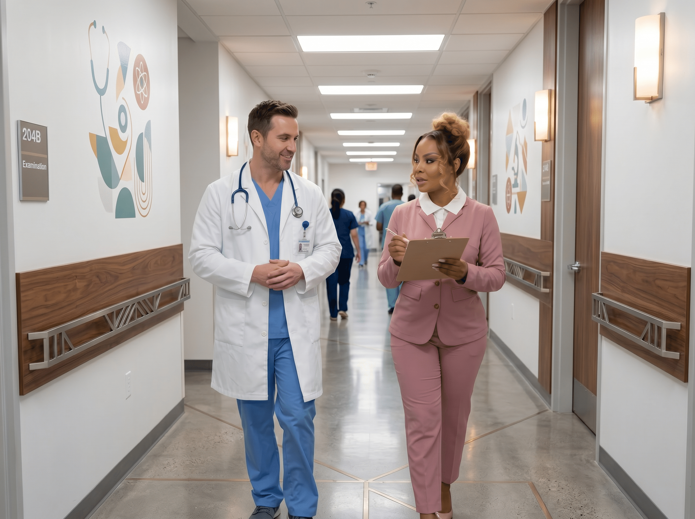Doctors walking in hospital hallway